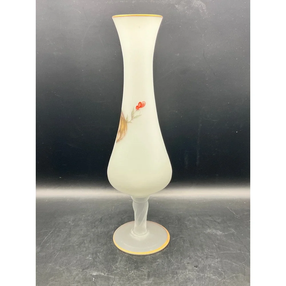 Vtg Norleans White Satin Frosted‎ Glass Bud Vase Bird Gold Rim Pedestal 60s 10